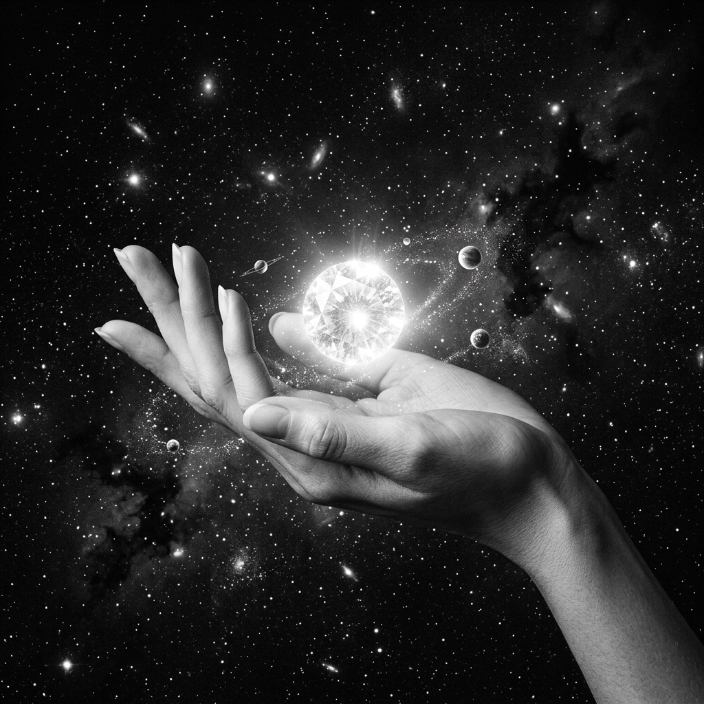 Aesthetic hand holding luminous celestial starlight in deep space