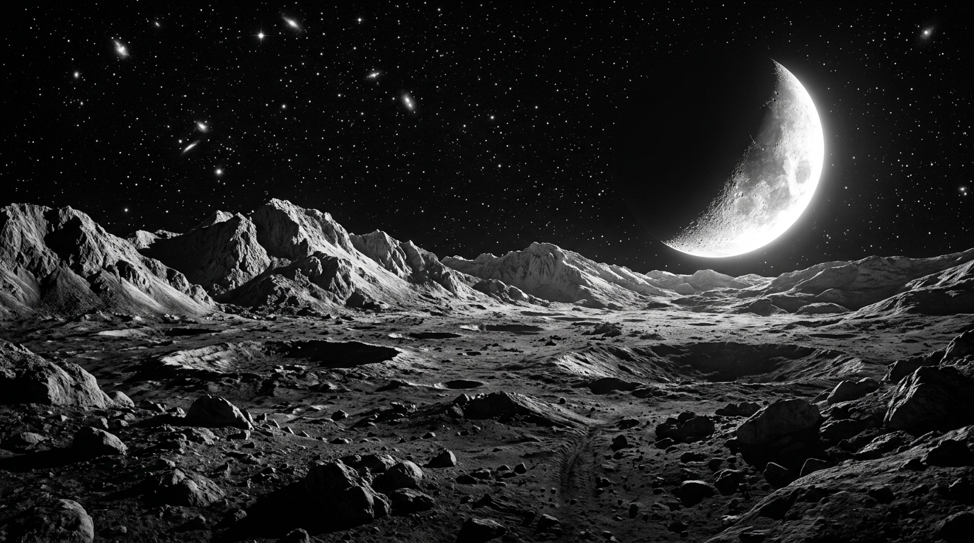 Atmospheric lunar surface landscape with glowing crescent moon