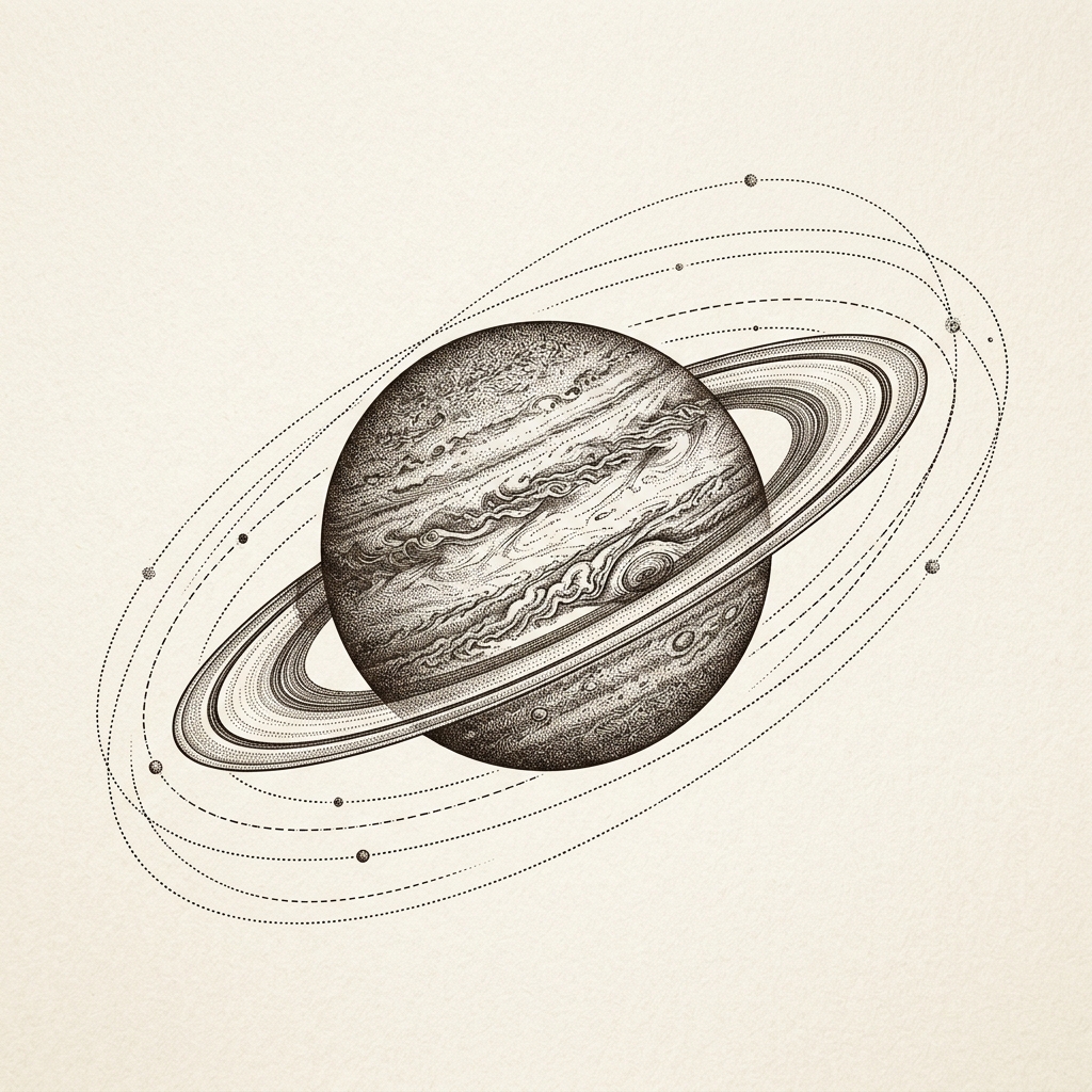 Fine art stippling of planetary rings and orbital geometry